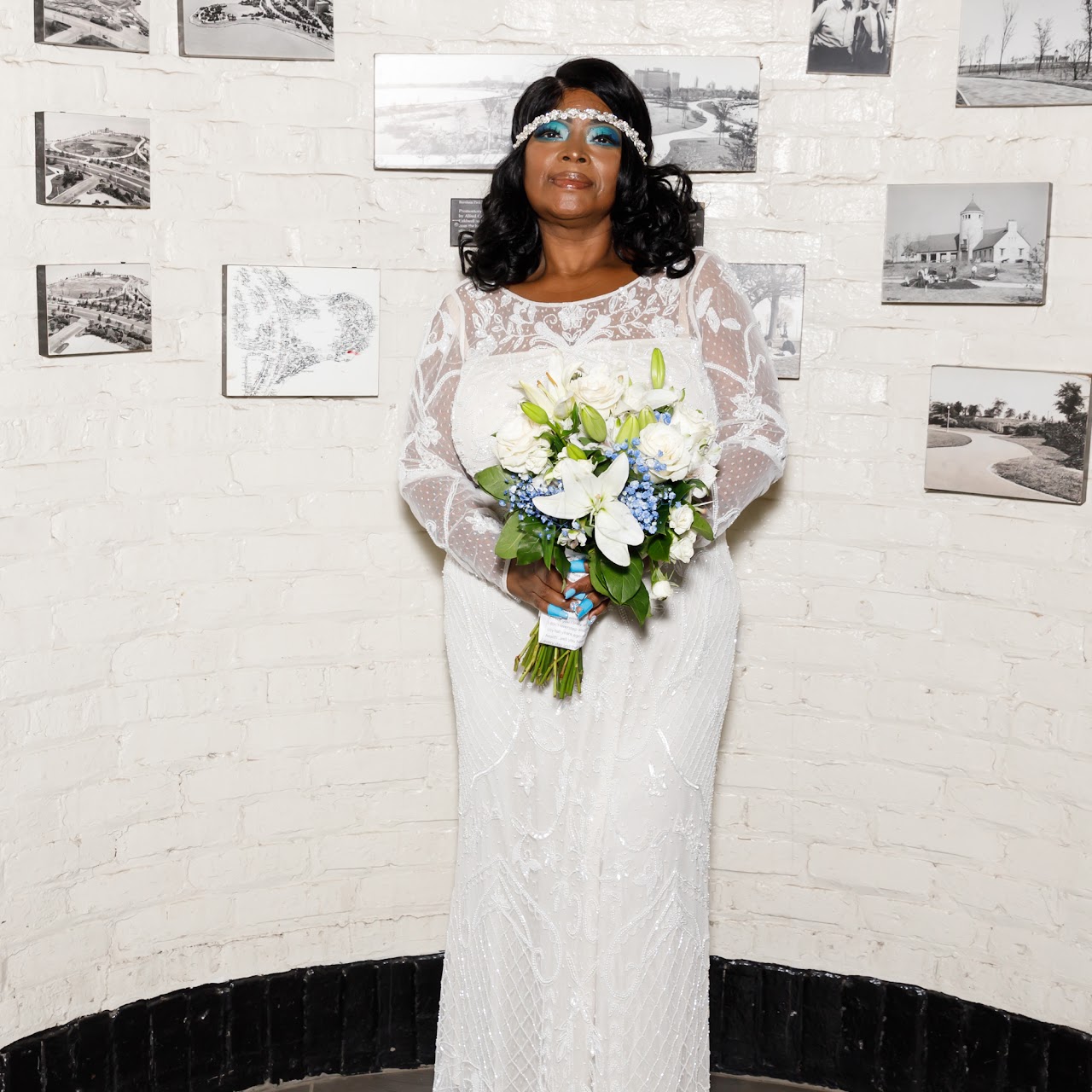 Bride portrait with white and blue bouquet at Promontory Point