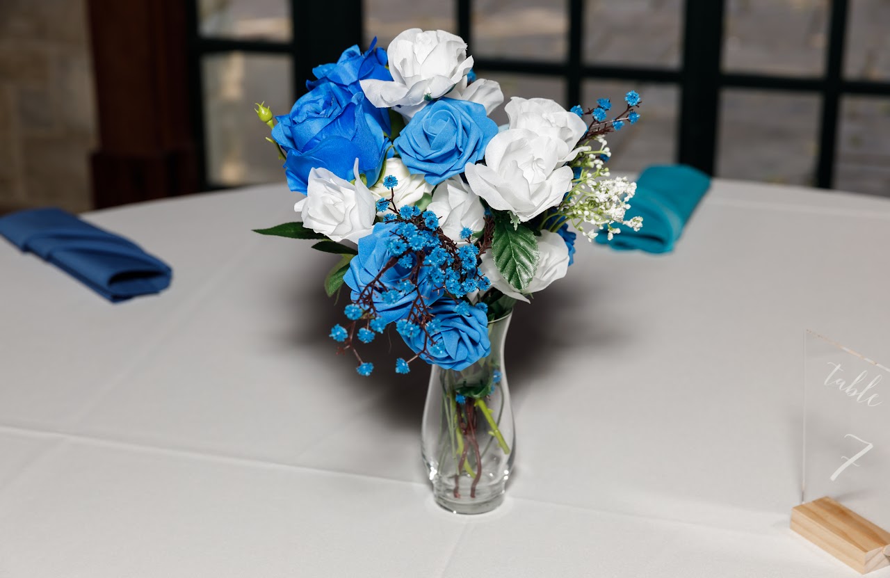 Blue and white floral centerpiece