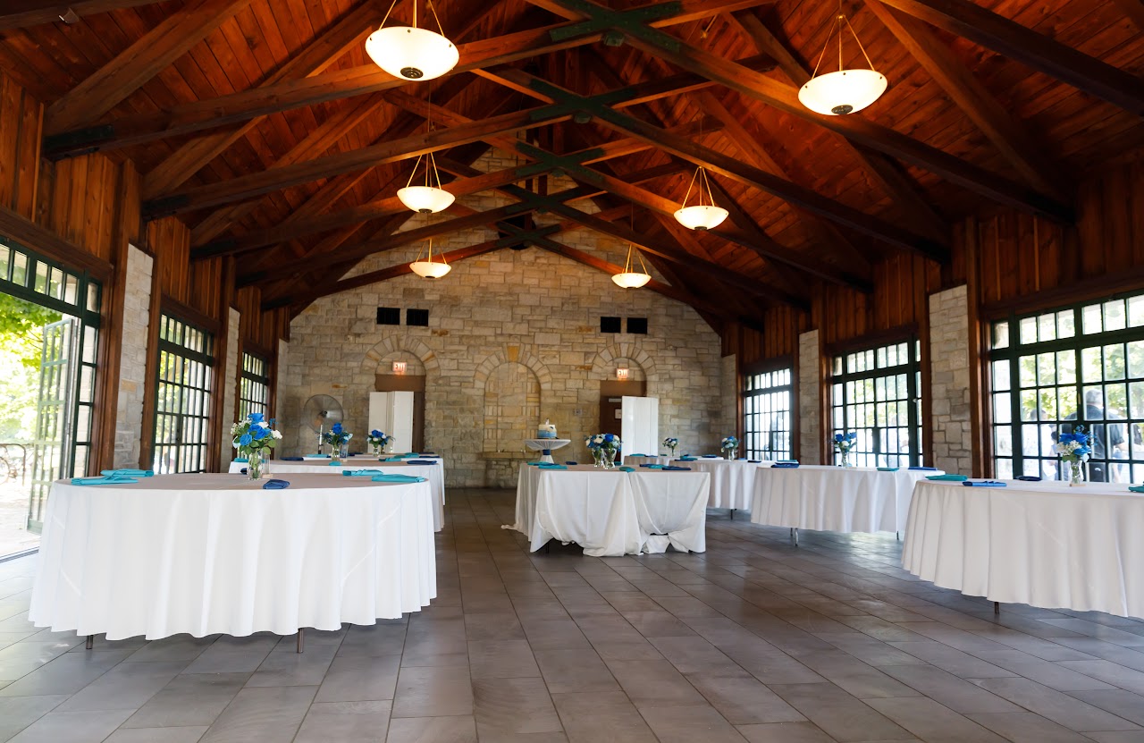 Reception hall set with wooden beams at Promontory Point